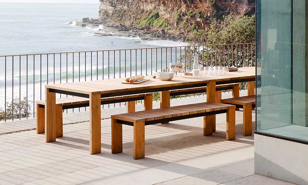 outdoor dining set with teak benches